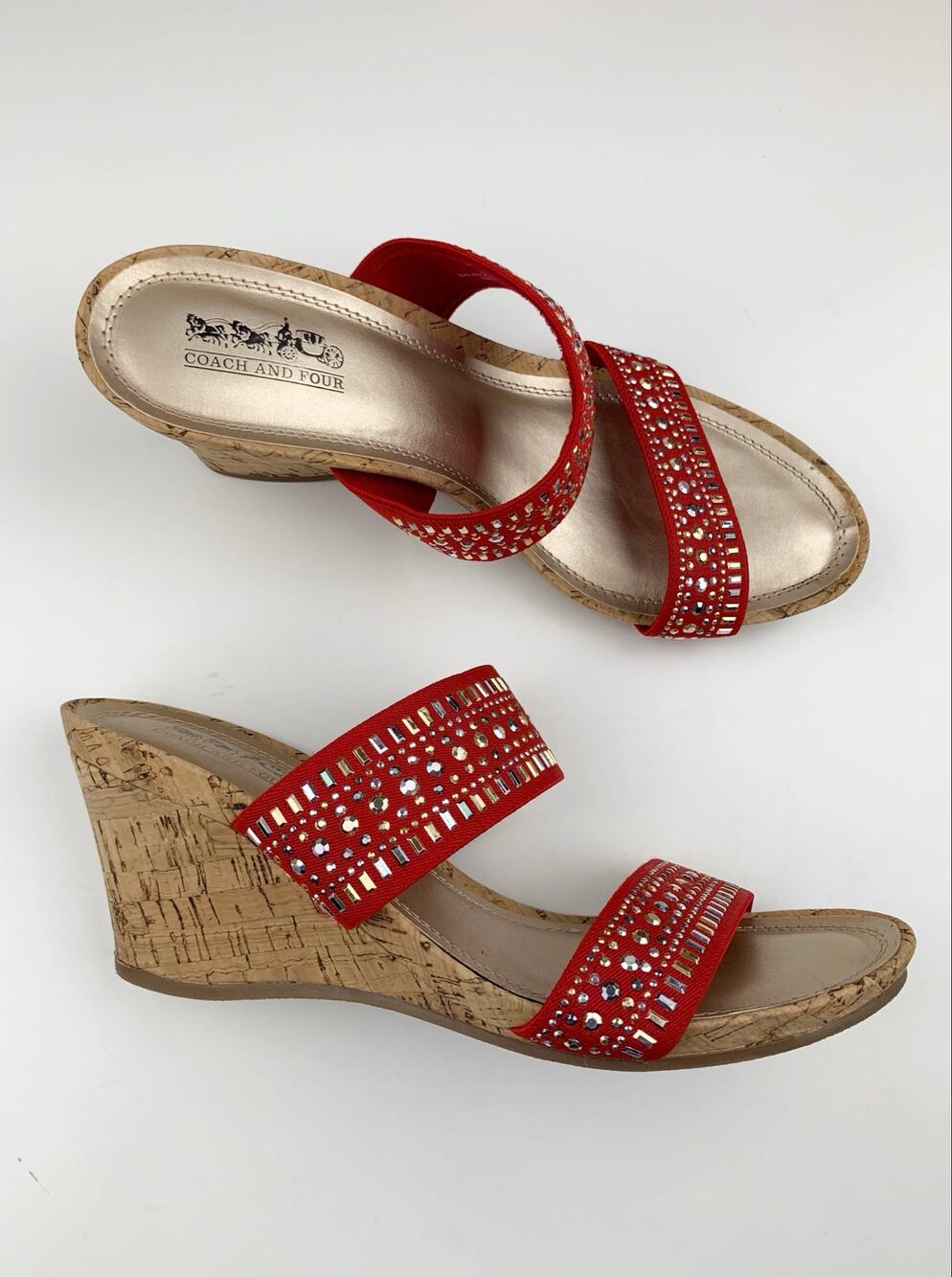 Coach and Four Vander Wedge Slide Sandals Red Fabric Metallic Studs Women's 9